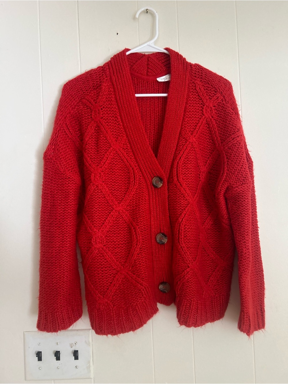 RD Style Red Cable-Knit Shawl Collar Button Cardigan